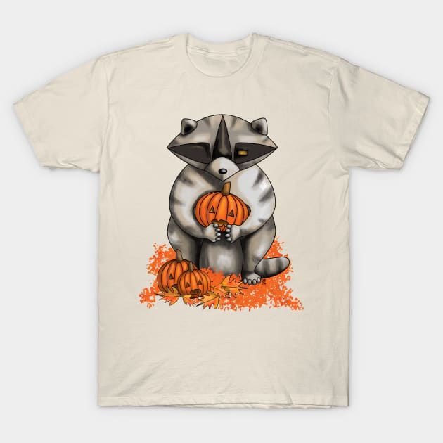 Raccoon with pumpkin T-Shirt by LumpyLintbunny